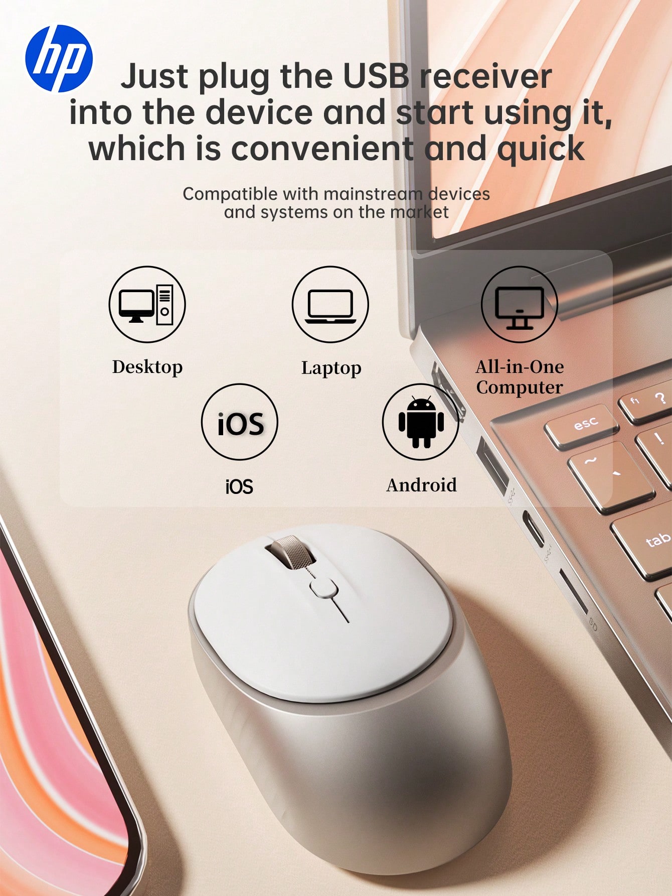 HP Wireless Silent Mouse, Computer Mouse, USBL Connection, 2.4G Technology, Suitable For Desktop Computer Mice And Office Business Laptops. Compatible With Microsoft Windows And Apple IOS Systems