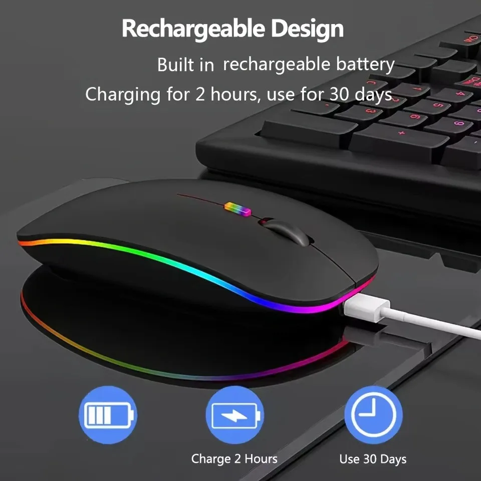 Wireless Rechargeable Mouse With LED Backlight  Bluetooth Gaming Mouse Suitable For MAC/Laptop/PC/Windows