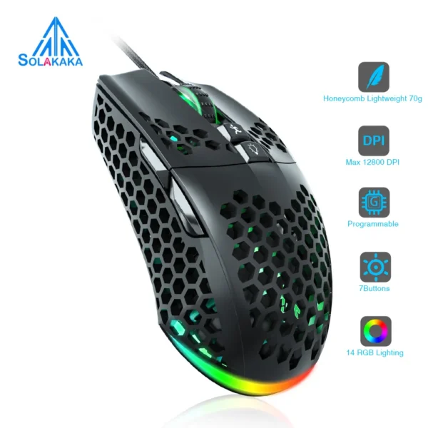 Wired Gaming Mouse Low Latency 12800 DPI 7 Buttons Macro Software Honeycomb Mice for PC Laptop