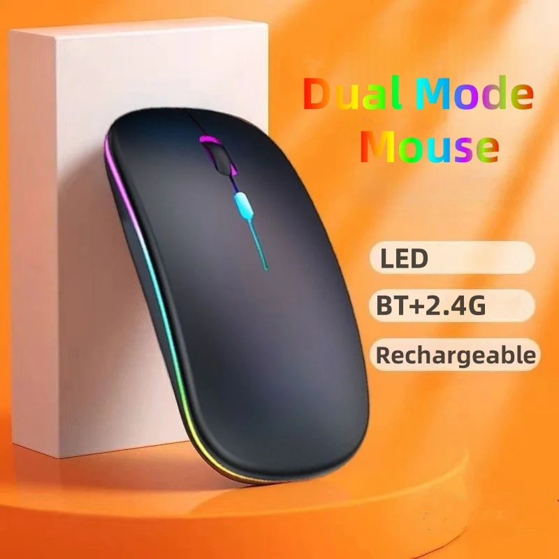 Wireless Mouse Bluetooth-computible and 2.4G Dual Modes Rechargeable RGB Ergonomic Silent Click for PC iPad Laptop Cell Phone