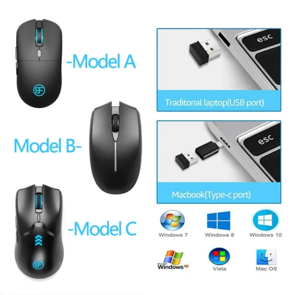 2.4G Wireless Mouse 4 Buttons Professional Optical Wireless 1600 DPI Mouse Rechargeable Mouse Portable for Laptop PC Gamer