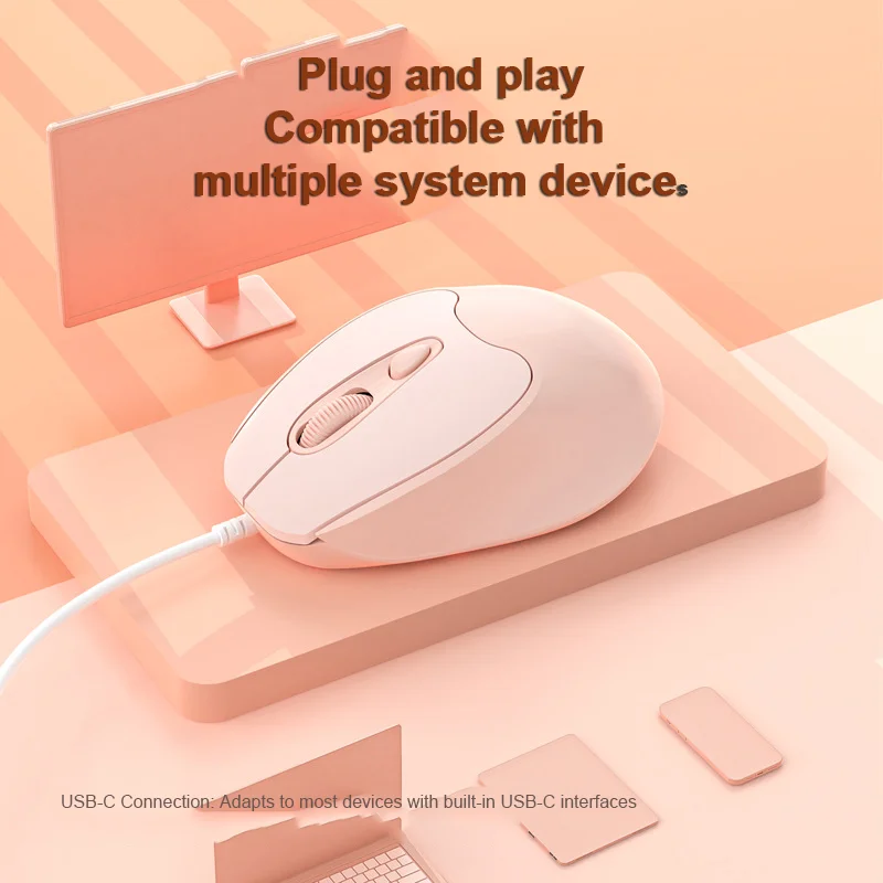 Type-C Interface Wired Mouse Suitable for Computer USB-C Peripherals Office Gaming Mice Mute Ergonomic 1600DPI Mause Girl Gifts