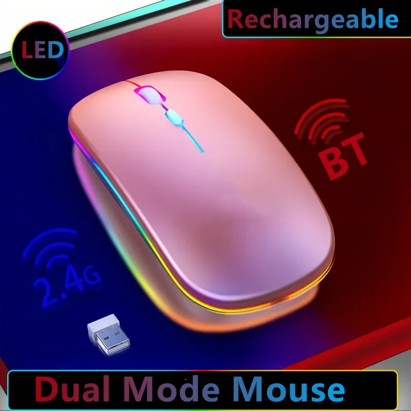 Wireless Mouse Bluetooth-computible and 2.4G Dual Modes Rechargeable RGB Ergonomic Silent Click for PC iPad Laptop Cell Phone