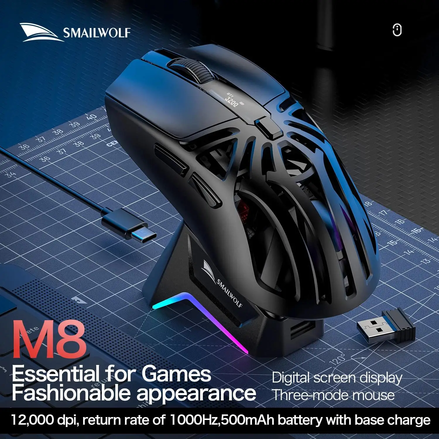 M8 Triple-Mode Wireless Mouse Connectivity for PC&Laptop 12000 DPI RGB Gaming Mouse with Magnetic Charging