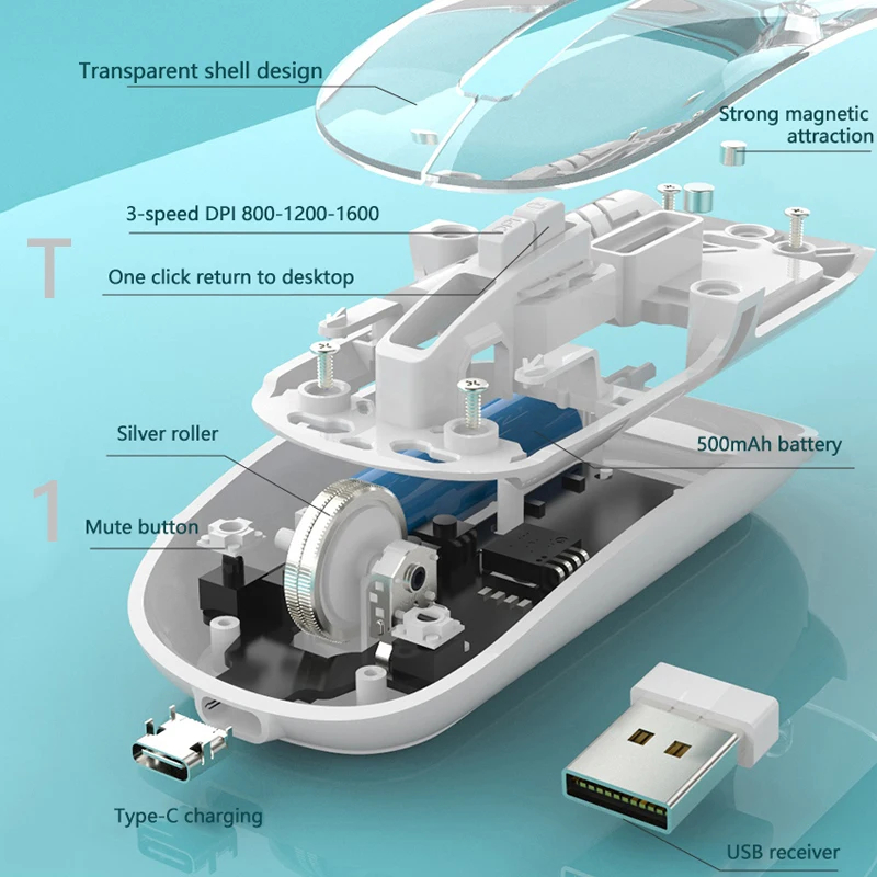 Warvank T1 Transparent Wireless Mouse Dual Mode 2.4G Bluetooth-compatible Rechargeable Silent Mouse For iPad PC Laptop