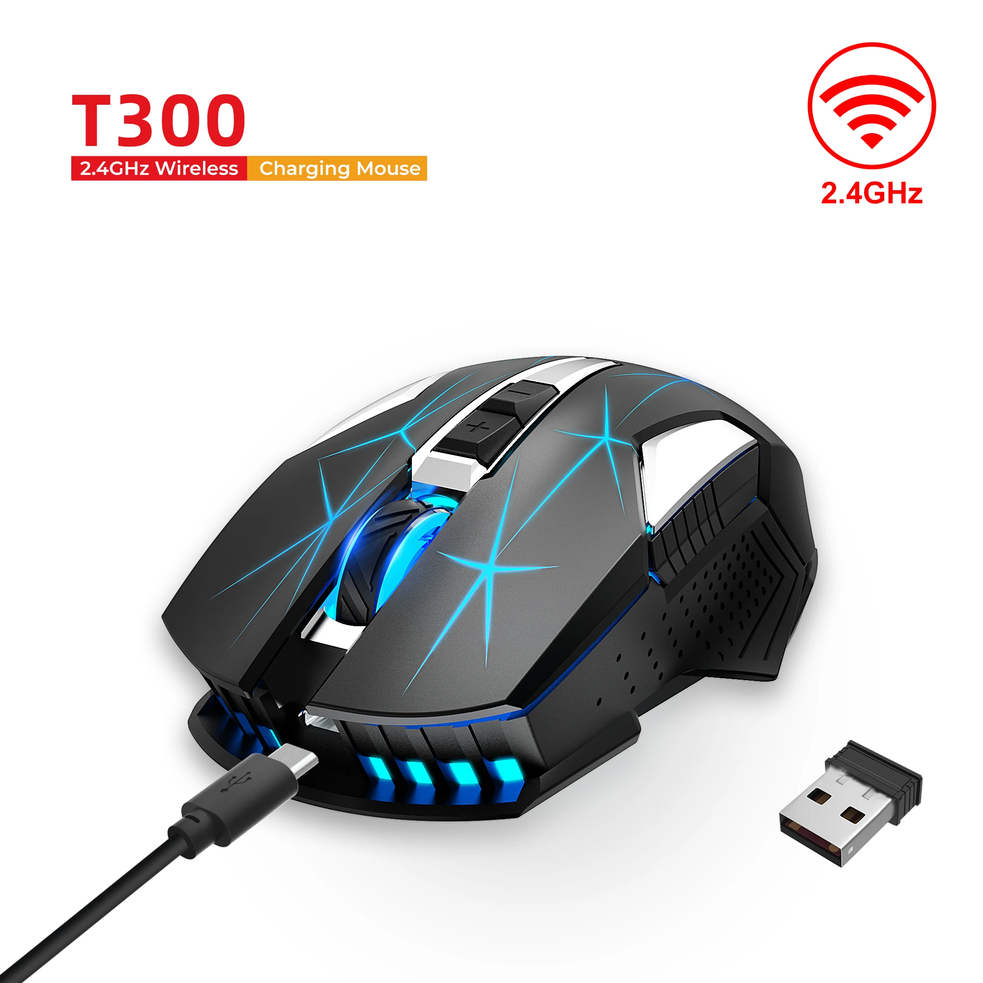 2.4G Wireless Gaming Mouse, Ergonomic 7-Key Optical Mouse with Colorful Backlight, USB-C Charging, for laptop Mac