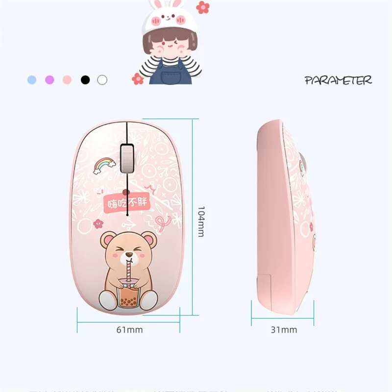 Wireless 2.4Ghz Mouse Pink Cute Cartoon Pattern Mause Bluetooth 5.0 Mute Button Optical Mini USB Mice For Laptop PC Girl Gift