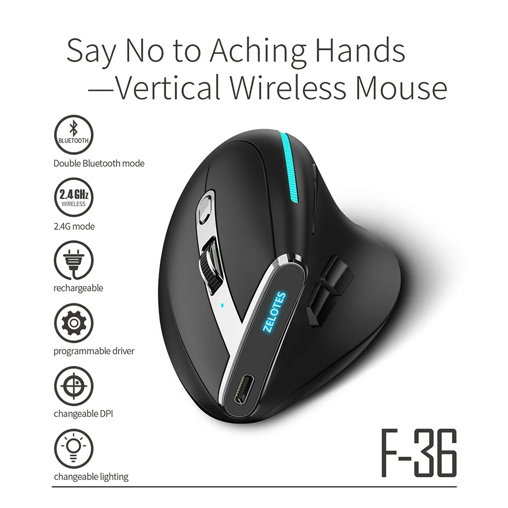Ergonomic Bluetooth5.0&2.4G Wireless Vertical Mouse,Rechargeable 8 Buttons Programmable Game Mouse for Win8/10/11/Mac OS/Android