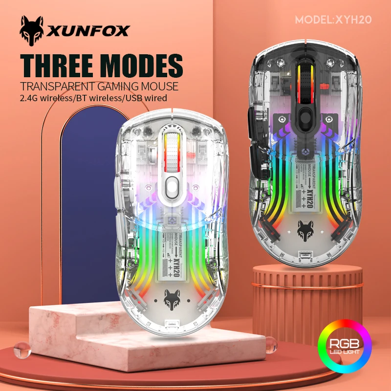 XYH20High-quality transparent RGB luminous game office wireless Bluetooth three-mode mouse 2.4G rechargeable