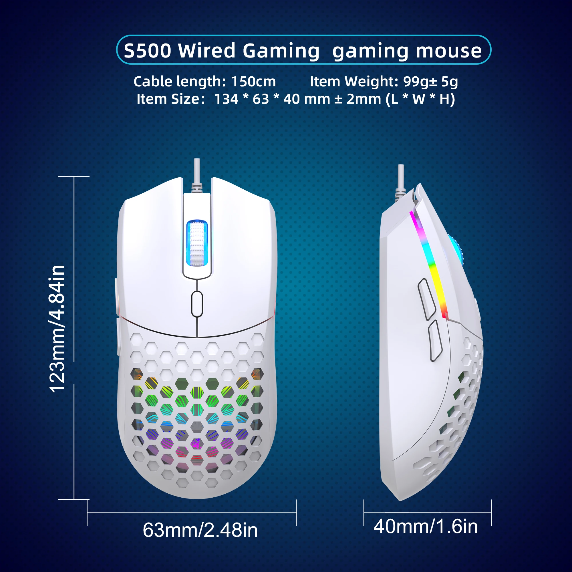 6400CPI RGB Gaming Mouse 7-Color Breathing Lighting RGBW-like Effect Optical Tracking Honeycomb Plug & Play for PC Lapt