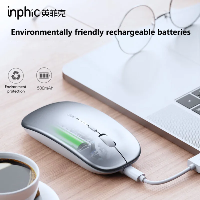Inphic M1P Rechargeable 2.4G Wireless Mouse Battery Level Display Office Mute Mouse Ultra Thin Portable For Laptop