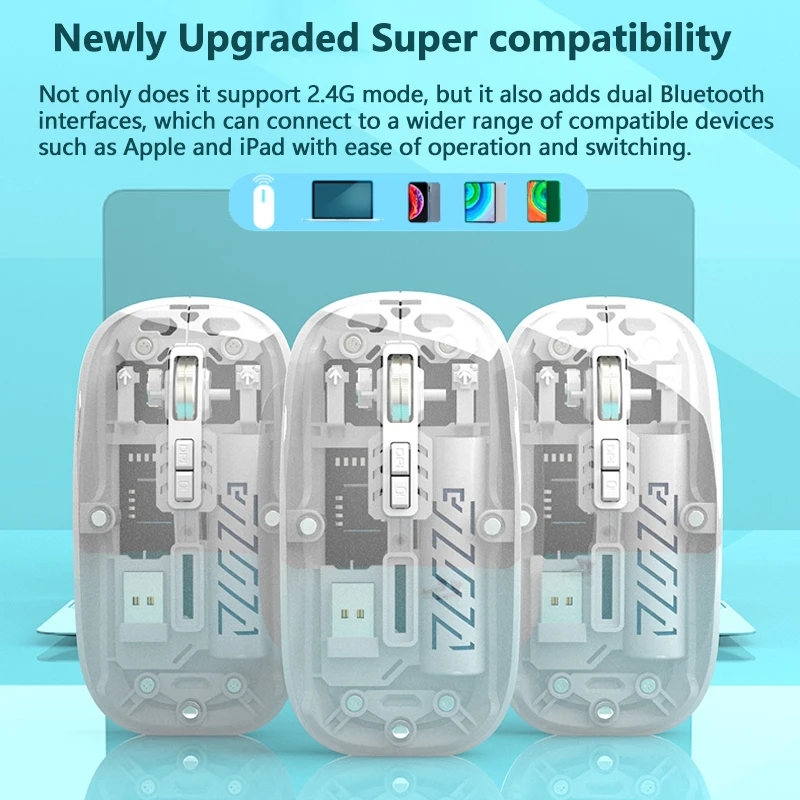 Warvank T1 Transparent Wireless Mouse Dual Mode 2.4G Bluetooth-compatible Rechargeable Silent Mouse For iPad PC Laptop