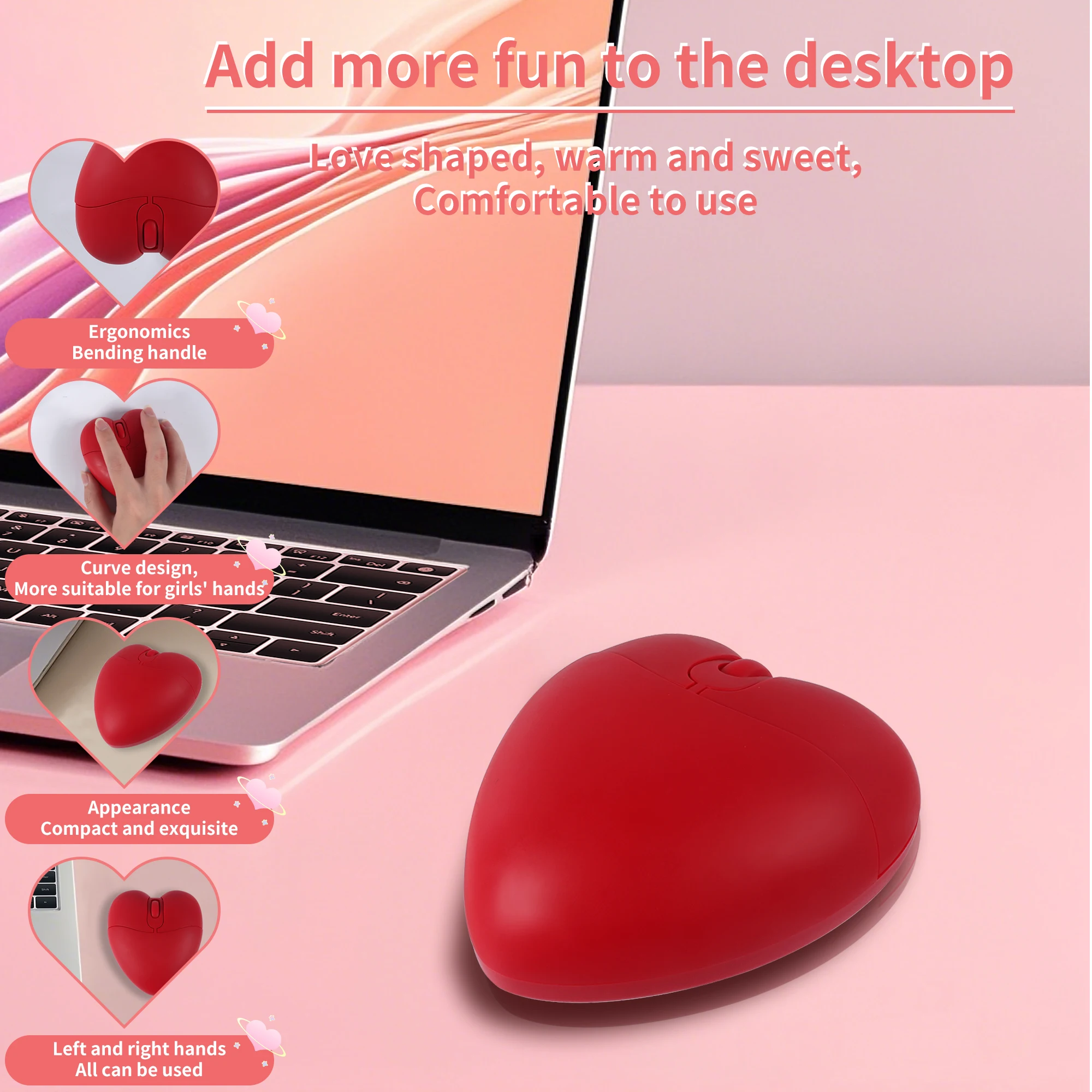 Wireless 2.4G Bluetooth Dual-mode Mouse Red Heart Shape Small Mouse Cute Mouse Light Weight Portable Mice Office Use PC Study