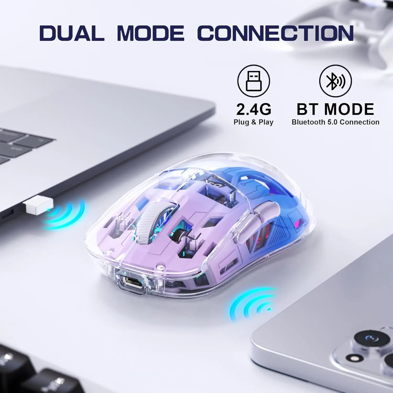 A2 Transparent Wireless Gaming Mouse, BT 5.0/2.4G PC Rechargeable RGB Mice with Digital Screen,PixArt 3212, 5 Adjustable DPI