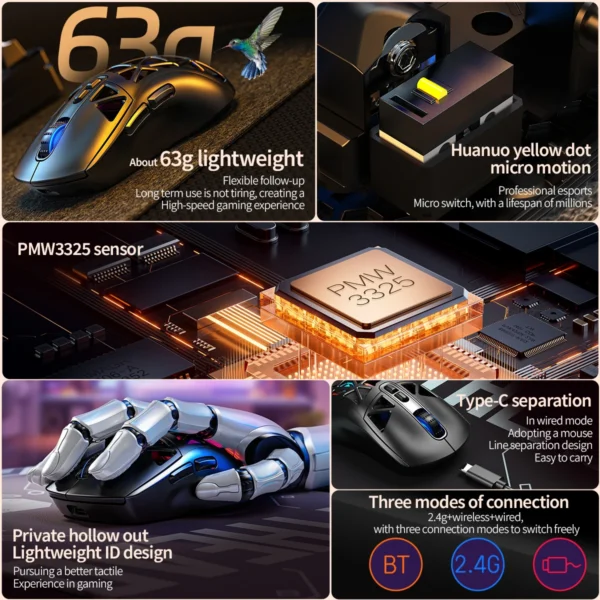 Mouse Hollow Lightweight PMW3325 Tri-mode Bluetooth Wireless  Gaming Portable Laptop Desktop Tablet