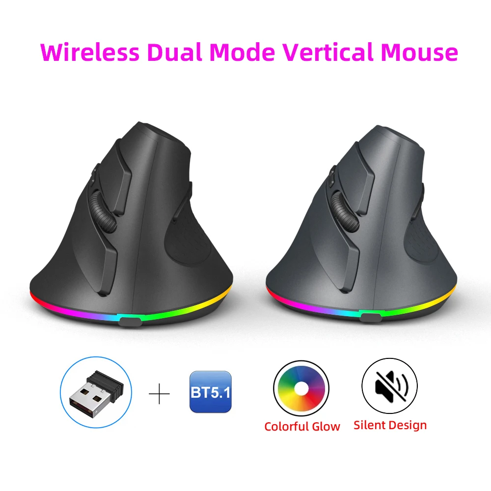 Dual Modes Wireless Mouse 2.4G USB  Bluetooth 5.1 LED Battery Ergonomics Vertical Mouse With Backlight For Tablet PC Laptop