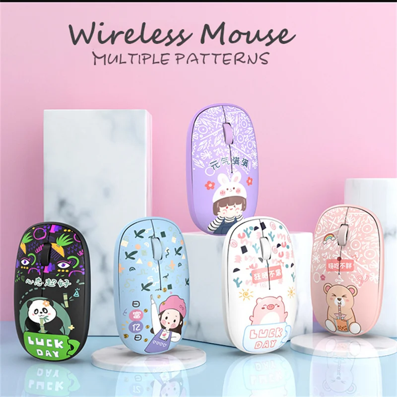 Wireless 2.4Ghz Mouse Pink Cute Cartoon Pattern Mause Bluetooth 5.0 Mute Button Optical Mini USB Mice For Laptop PC Girl Gift
