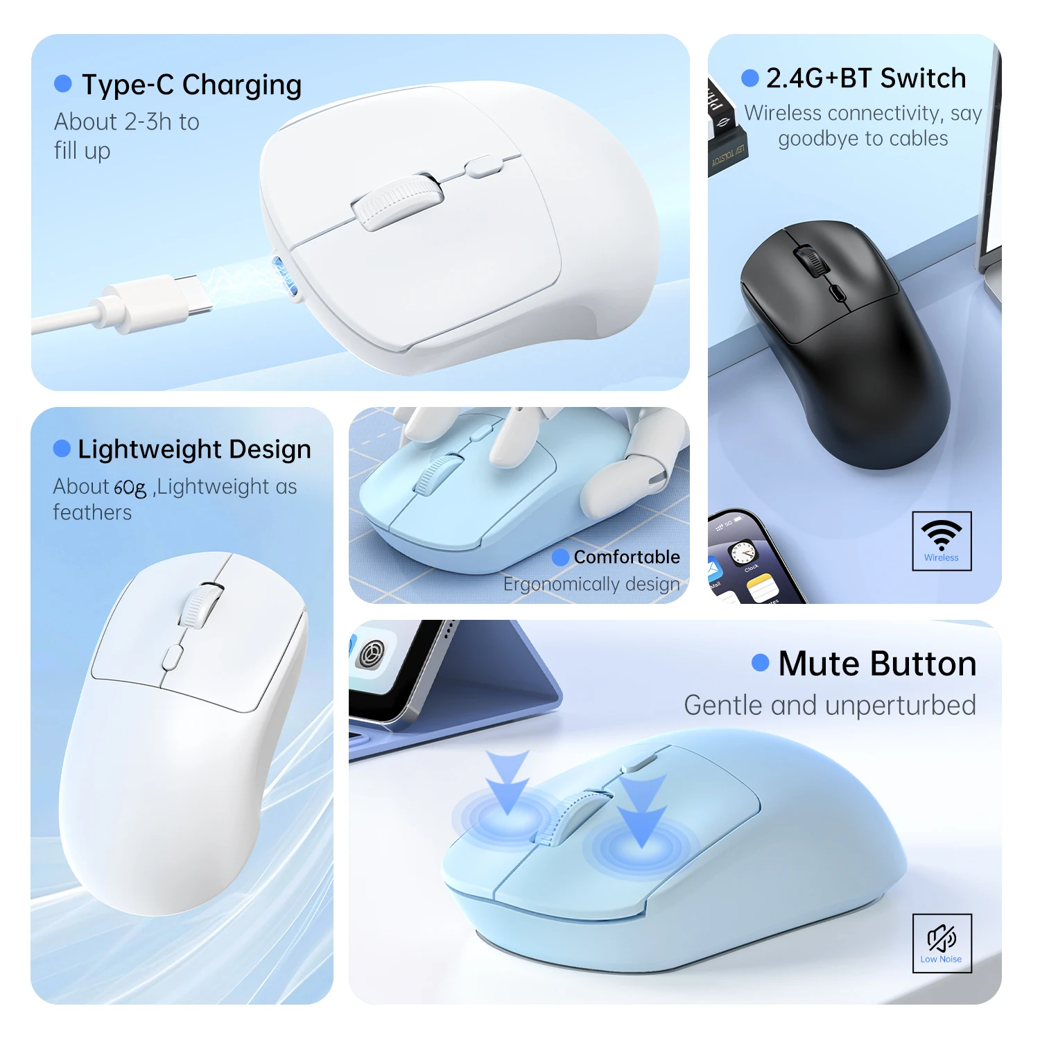 Wireless 2.4G USB Bluetooth Lightweight 1600 DPI Mouse Ergonomics Mute Silent Gaming Mice for Macbook Desktop Laptop For iPad