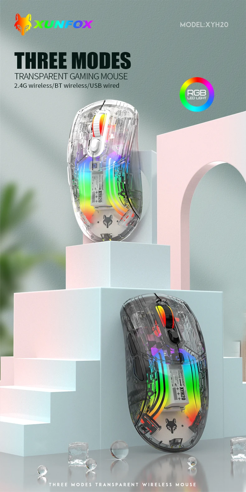 XYH20High-quality transparent RGB luminous game office wireless Bluetooth three-mode mouse 2.4G rechargeable