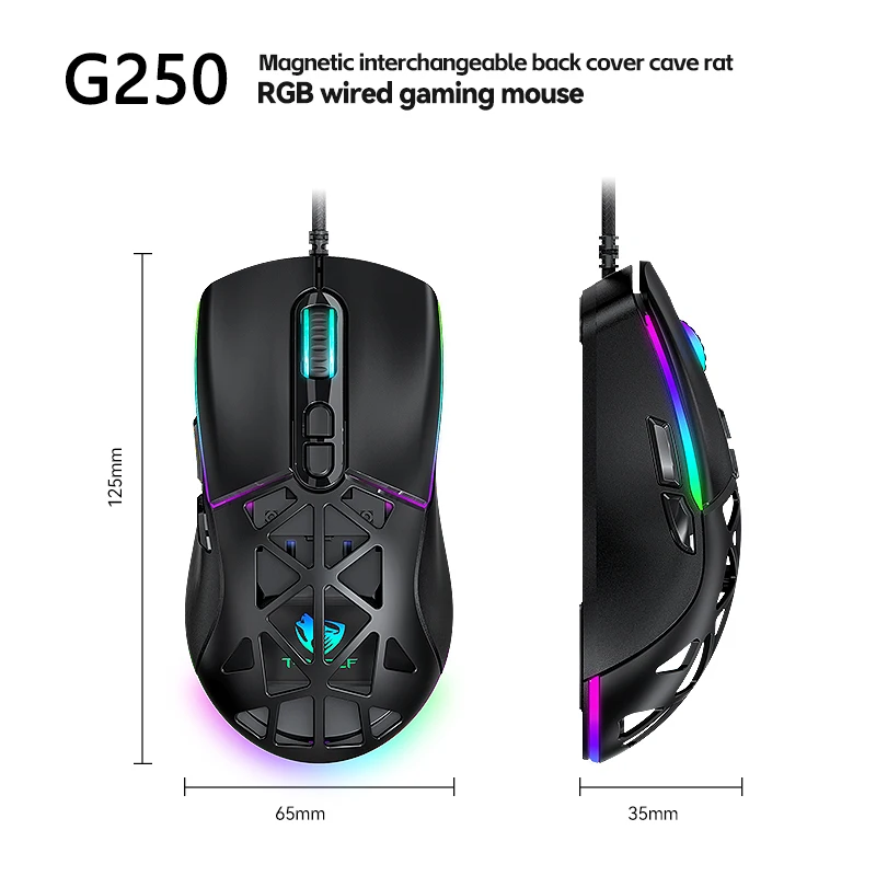 G250 Wired Gaming Mouse 12800DPI Dual Back Cover 7-Key RGB Mouse Suitable For Laptops And Desktops
