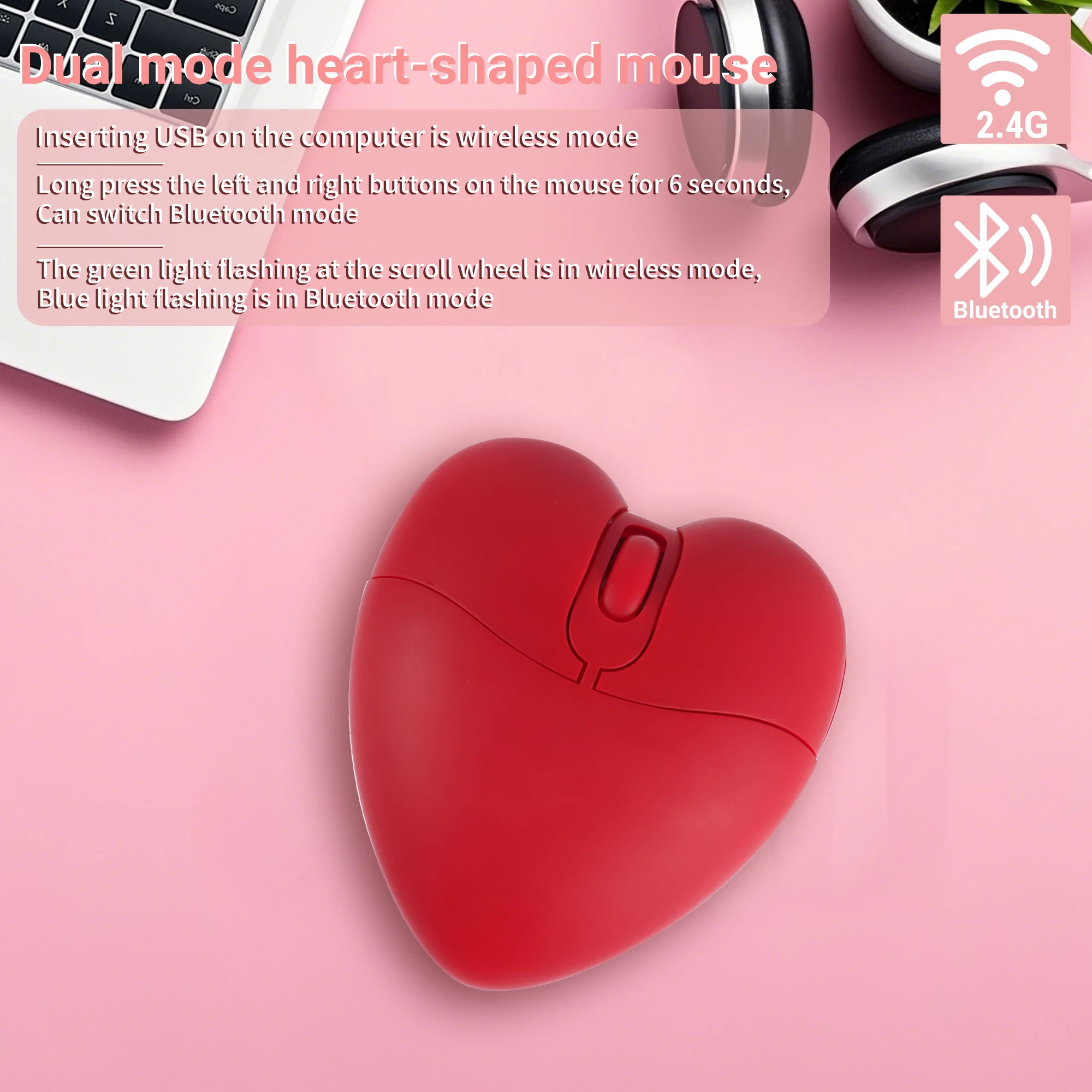 Wireless 2.4G Bluetooth Dual-mode Mouse Red Heart Shape Small Mouse Cute Mouse Light Weight Portable Mice Office Use PC Study