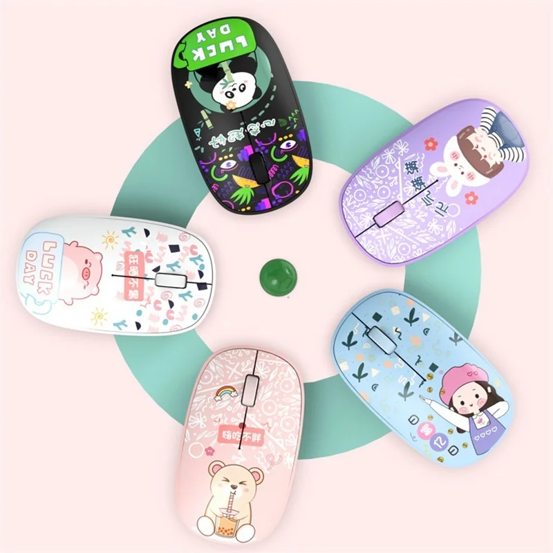 Wireless 2.4Ghz Mouse Pink Cute Cartoon Pattern Mause Bluetooth 5.0 Mute Button Optical Mini USB Mice For Laptop PC Girl Gift