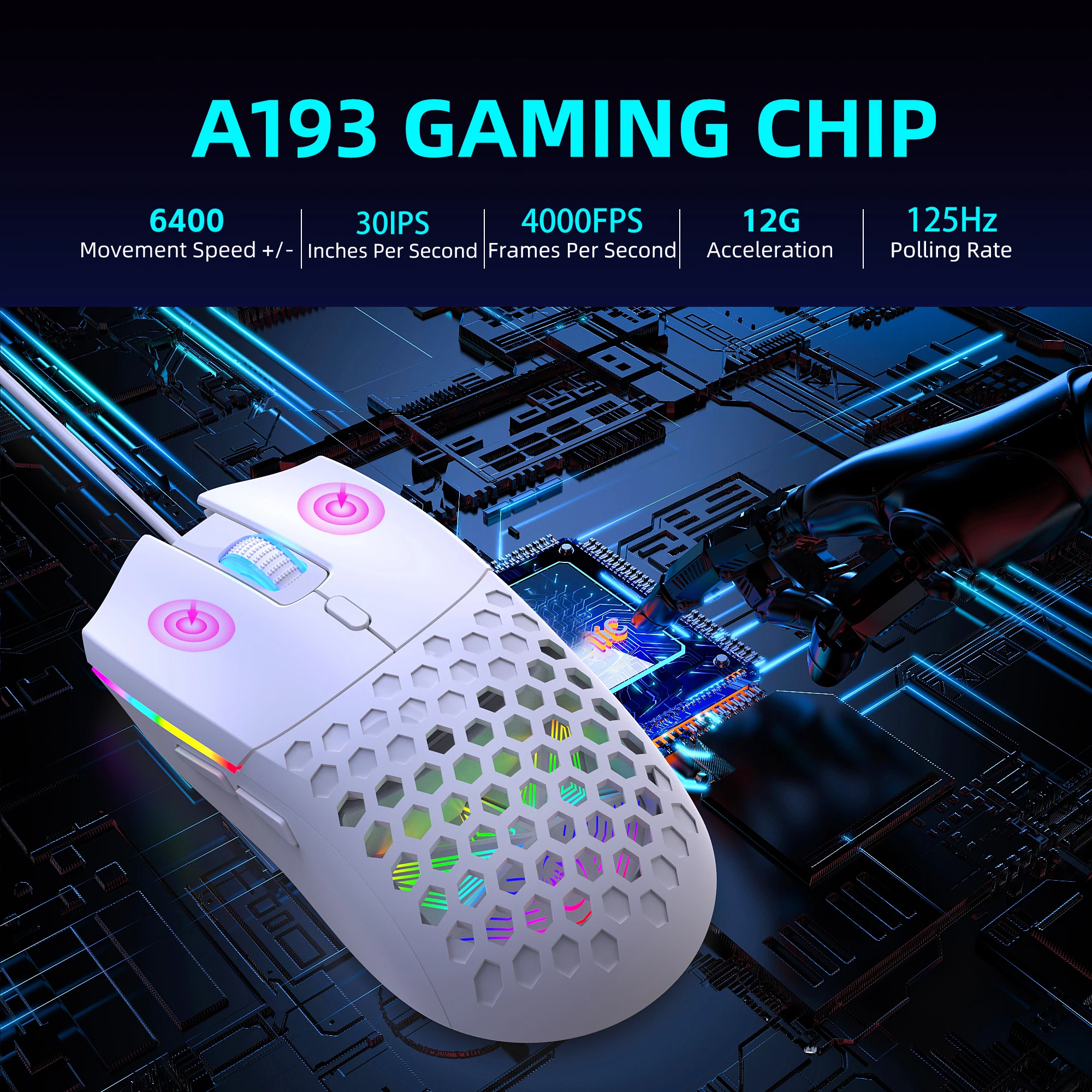 6400CPI RGB Gaming Mouse 7-Color Breathing Lighting RGBW-like Effect Optical Tracking Honeycomb Plug & Play for PC Lapt