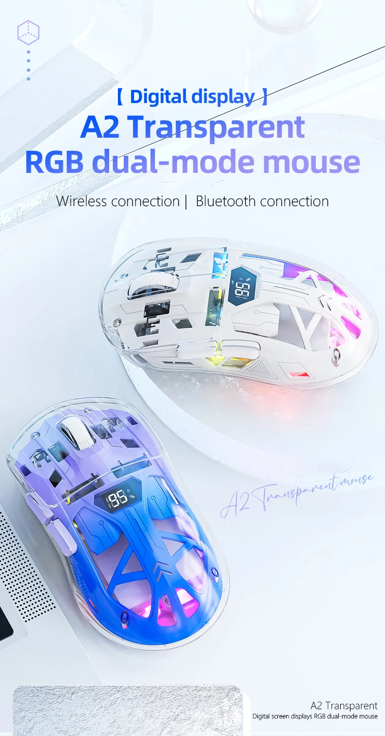 A2 Transparent Digital display RGB Bluetooth Mouse, Wireless Dual-mode Connection ,Win/Mac