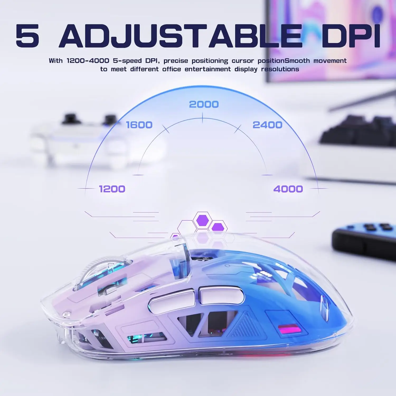 A2 Transparent Wireless Gaming Mouse, BT 5.0/2.4G PC Rechargeable RGB Mice with Digital Screen,PixArt 3212, 5 Adjustable DPI