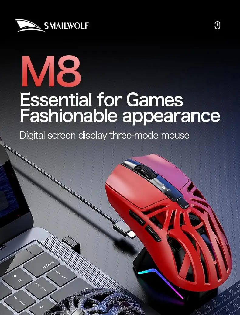 M8 Triple-Mode Wireless Mouse Connectivity for PC&Laptop 12000 DPI RGB Gaming Mouse with Magnetic Charging