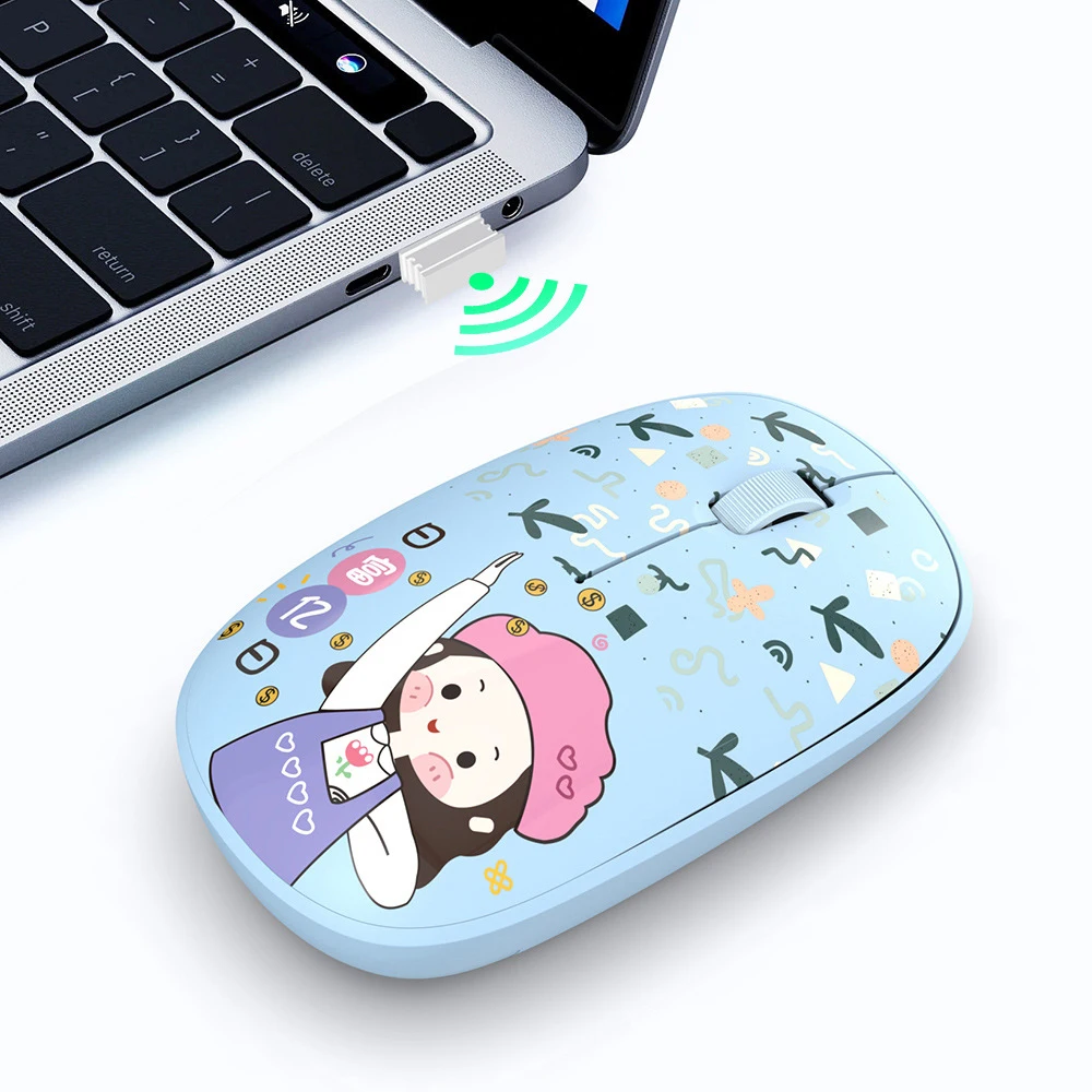 Wireless 2.4Ghz Mouse Pink Cute Cartoon Pattern Mause Bluetooth 5.0 Mute Button Optical Mini USB Mice For Laptop PC Girl Gift