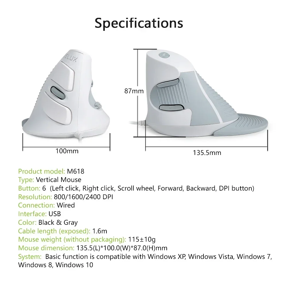 M618BU White Wired Ergonomic Vertical Mouse 1600 DPI 6 Buttons Optical Right Hand Mice with Wrist mat For PC Lapt