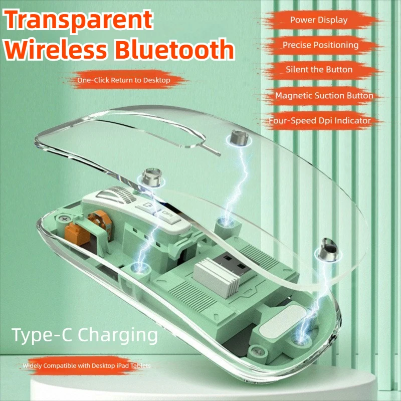 Transparent Magnetic Triple Mode Bluetooth compatible 2.4G Wireless Mouse One-Click Desktop Type-C Rechargeable Silent Mice Mute