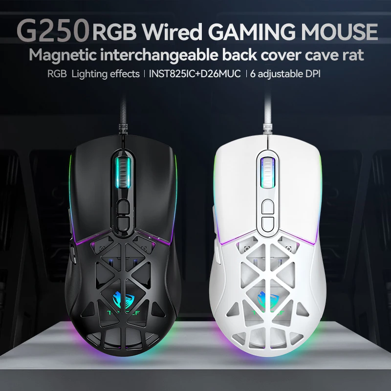 G250 Wired Gaming Mouse 12800DPI Dual Back Cover 7-Key RGB Mouse Suitable For Laptops And Desktops
