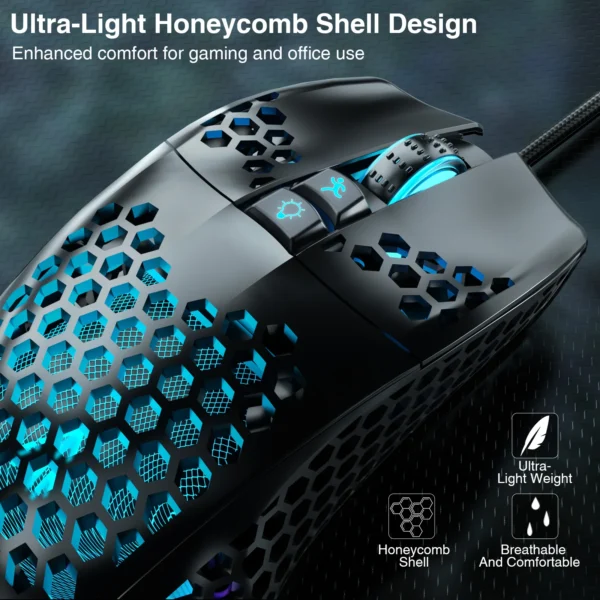 Wired Gaming Mouse Low Latency 12800 DPI 7 Buttons Macro Software Honeycomb Mice for PC Laptop