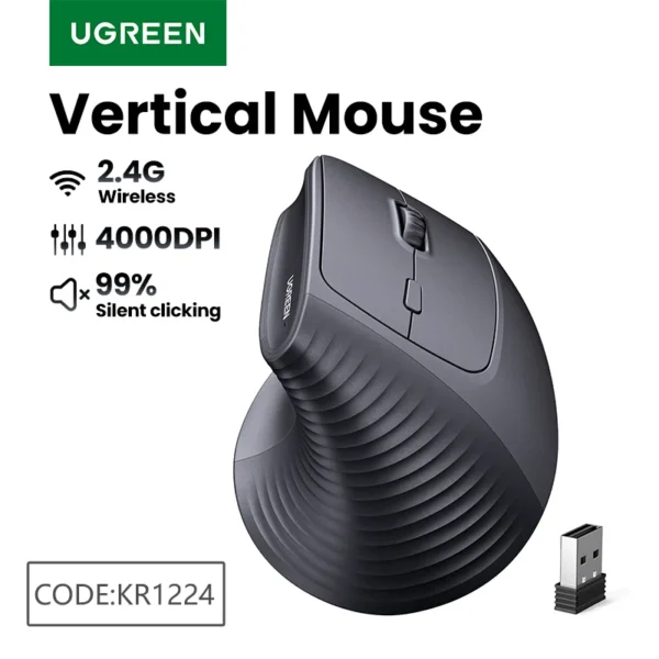 UGREEN Vertical Wireless Mouse 2.4G Ergonomic 4000DPI 6 Mute Buttons for MacBook Tablet Laptops Computer PC Mice Black Pink