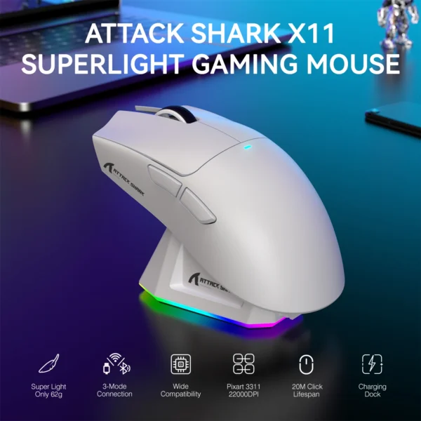 Lightweight Wireless Gaming Mouse with RGB Backlight Charging, Up to 22K DPI, PAW3311 Optical Sensor, HUYU Swit