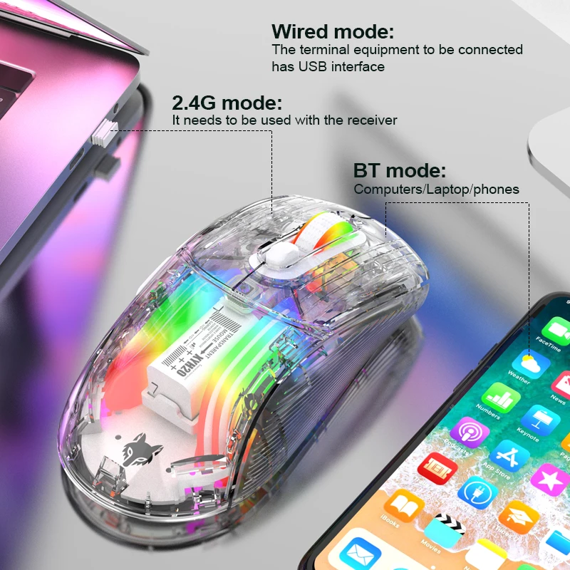 XYH20High-quality transparent RGB luminous game office wireless Bluetooth three-mode mouse 2.4G rechargeable
