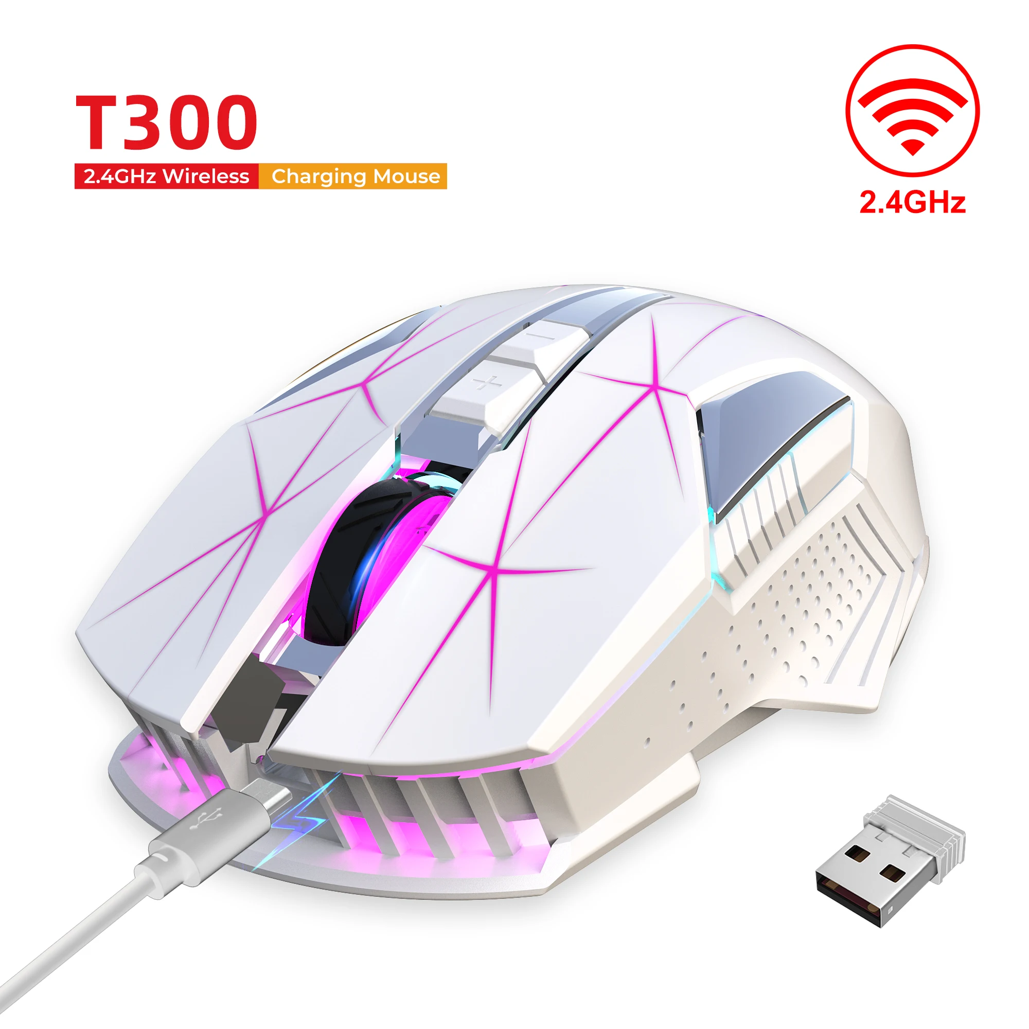2.4G Wireless Gaming Mouse, Ergonomic 7-Key Optical Mouse with Colorful Backlight, USB-C Charging, for laptop Mac