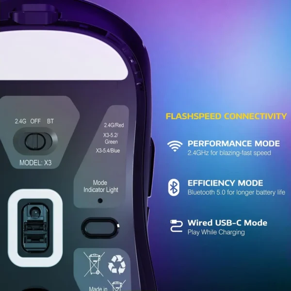 Lightweight Wireless Gaming Mouse, 49g Tri-Mode,PAW3395 26K DPI Sensor, 200h Battery Life,5 Programmable Buttons