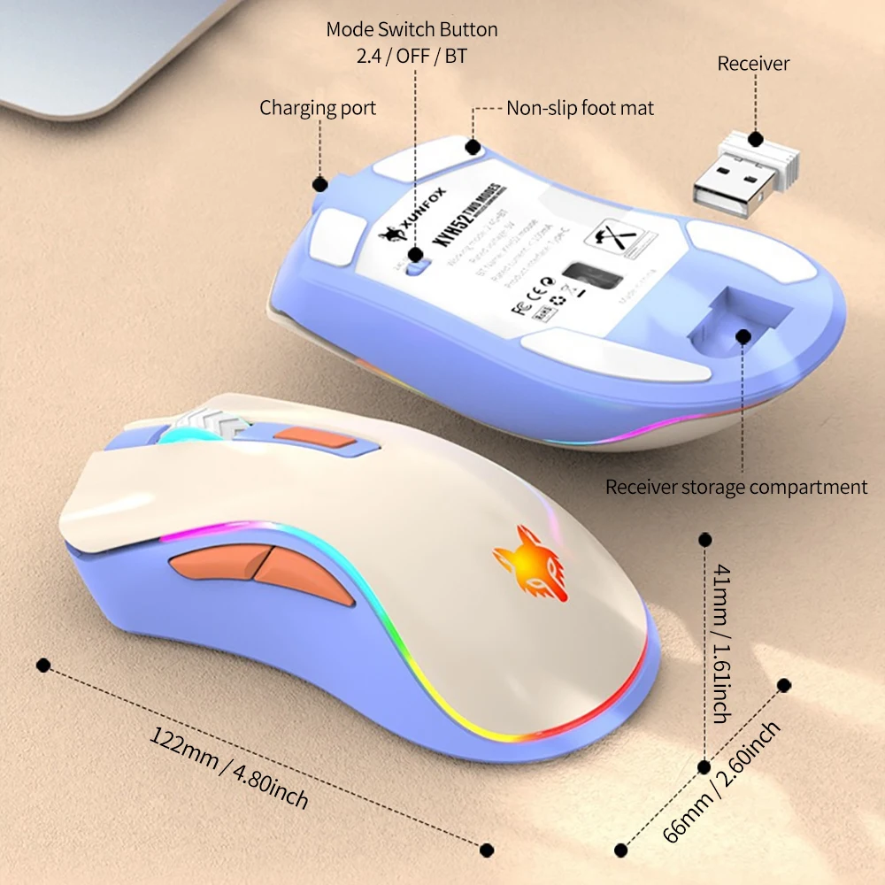 New XYH52 2.4G Wireless Bluetooth Dual-mode Mouse Colorful Backlight 3 DPI Adjustment 6-button Office Game e-sports Mouse Supply