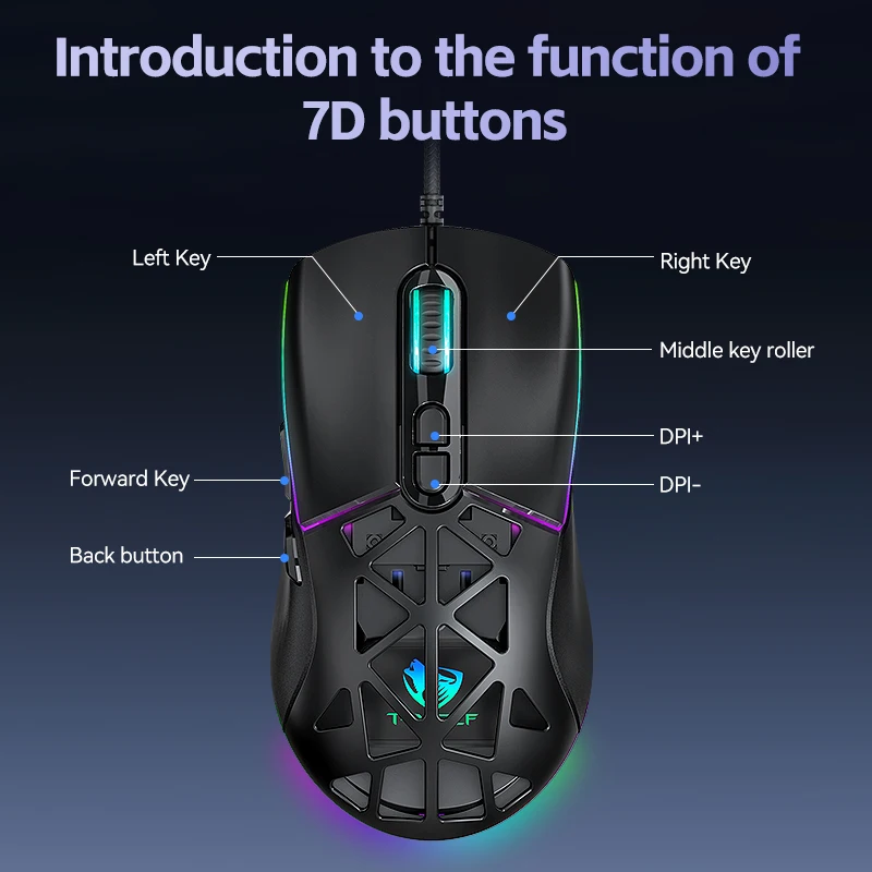 G250 Wired Gaming Mouse 12800DPI Dual Back Cover 7-Key RGB Mouse Suitable For Laptops And Desktops