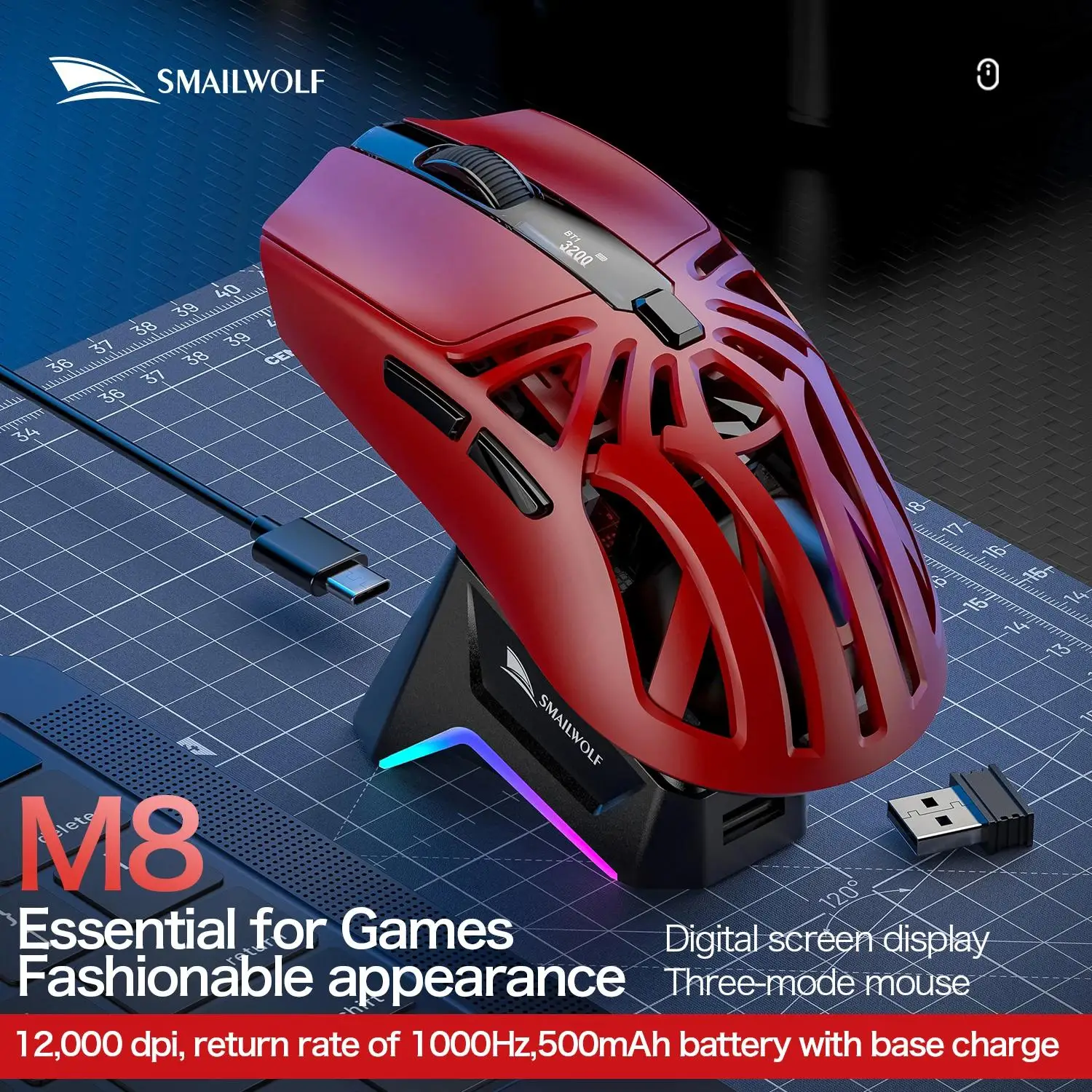 M8 Triple-Mode Wireless Mouse Connectivity for PC&Laptop 12000 DPI RGB Gaming Mouse with Magnetic Charging