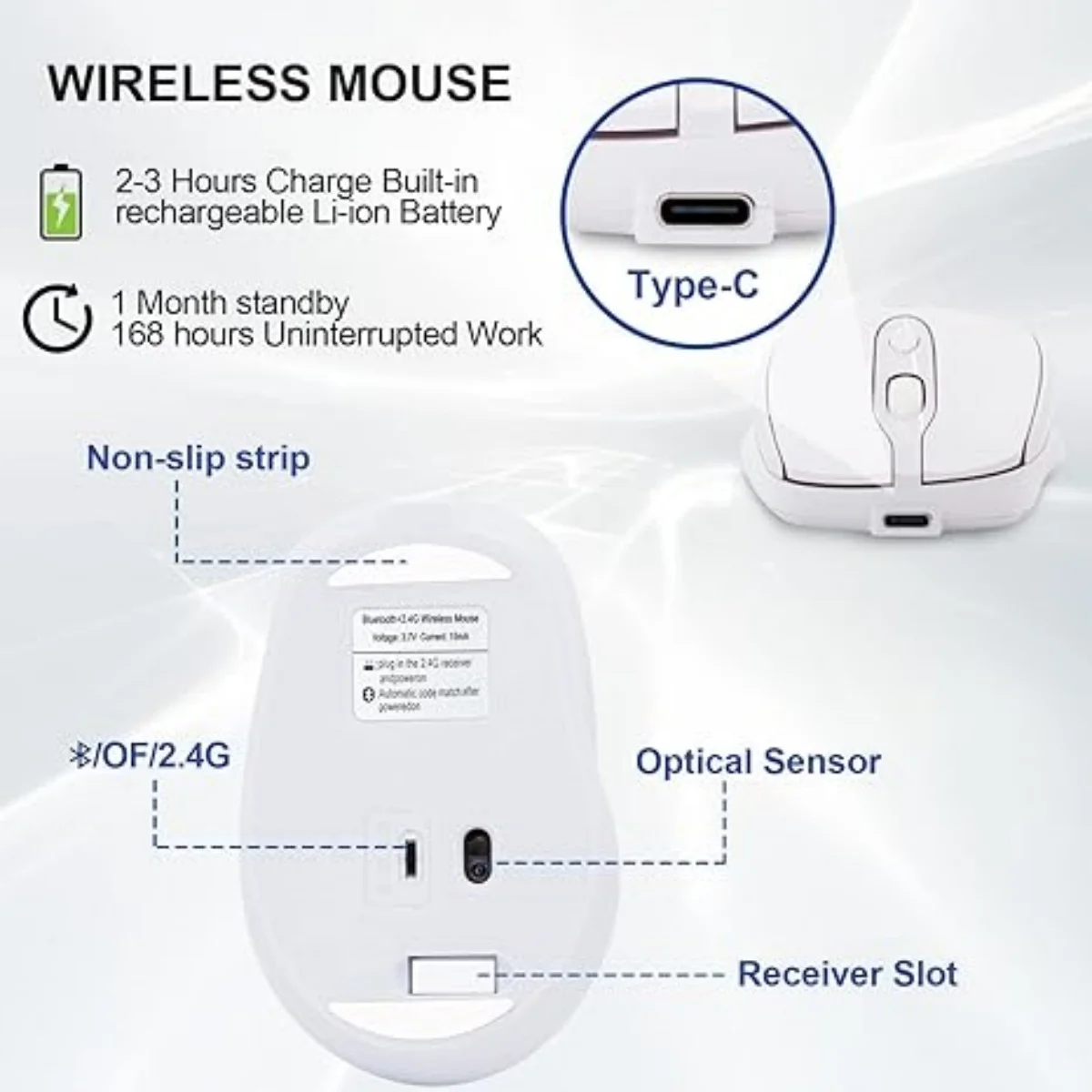 Rechargeable Silent Wireless Mouse - 2.4G+BT Dual Mode, Ergonomic Grip, Stable Transmission for Office Home Desktop