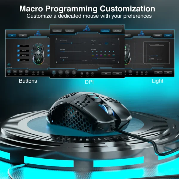 Wired Gaming Mouse Low Latency 12800 DPI 7 Buttons Macro Software Honeycomb Mice for PC Laptop