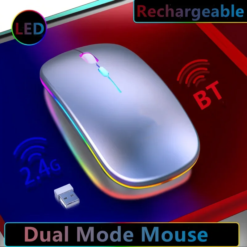 Wireless Mouse Bluetooth-computible and 2.4G Dual Modes Rechargeable RGB Ergonomic Silent Click for PC iPad Laptop Cell Phone
