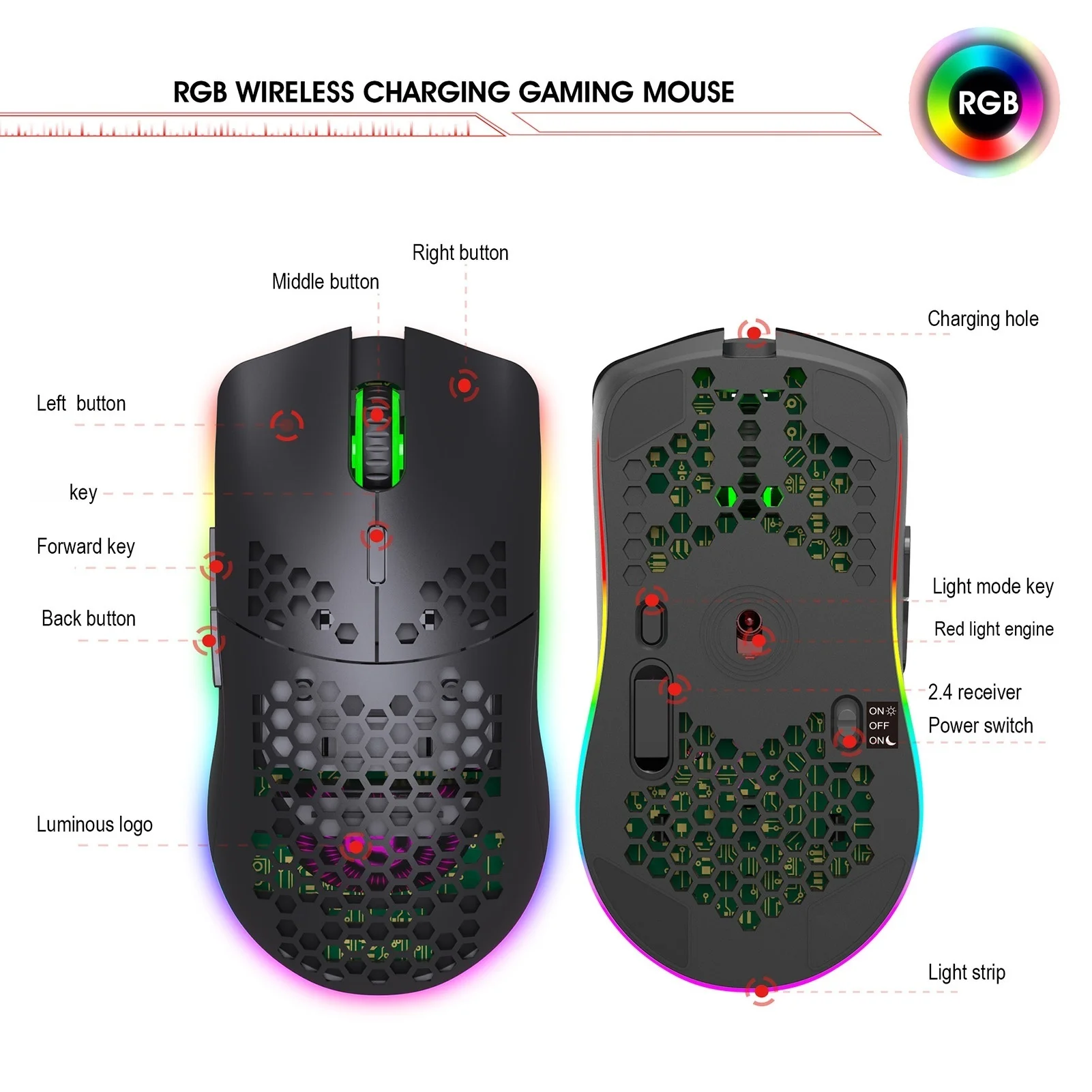 2.4G Wireless Gaming Mouse Rechargeable Gaming Mouse Four-Level Adjustable DPI RGB Gaming Mouse Ergonomic Design