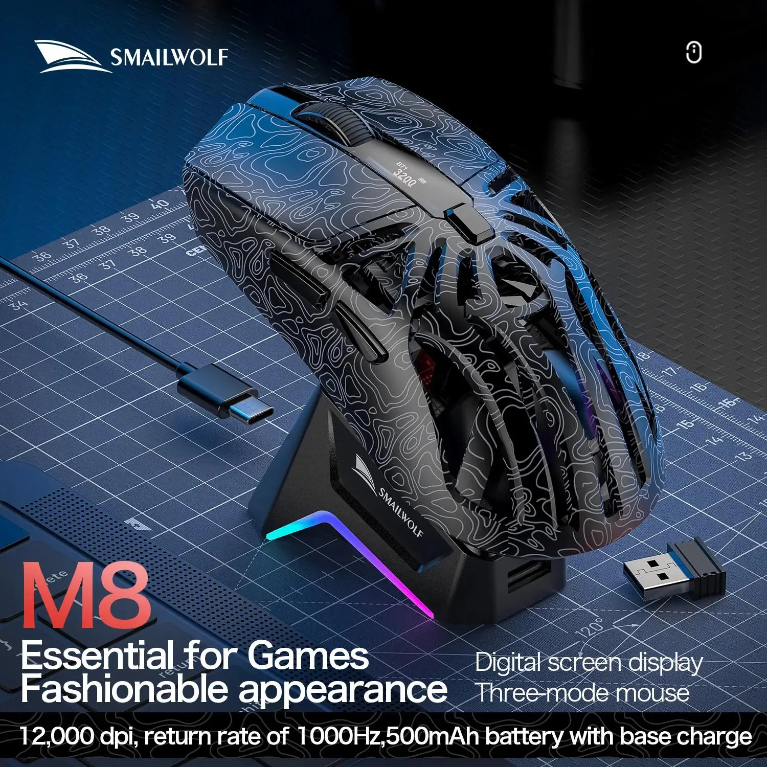 M8 Triple-Mode Wireless Mouse Connectivity for PC&Laptop 12000 DPI RGB Gaming Mouse with Magnetic Charging
