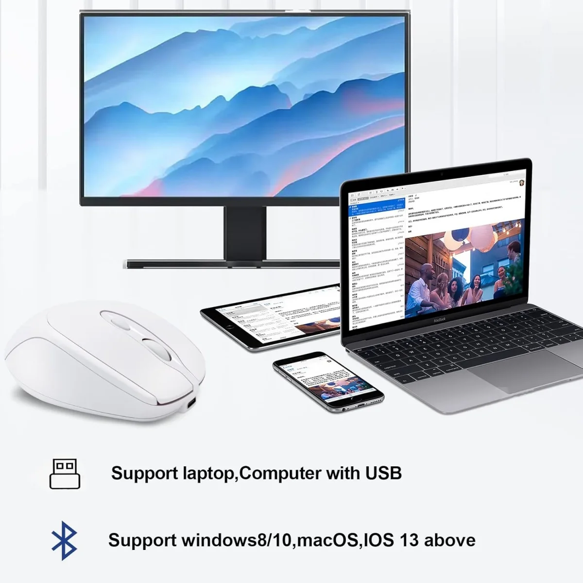 Rechargeable Silent Wireless Mouse - 2.4G+BT Dual Mode, Ergonomic Grip, Stable Transmission for Office Home Desktop