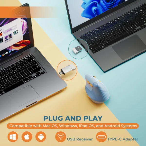 Wireless Mouse Type C Rechargeable Ergonomic USB & Type C Mice for Laptop Laptop PC MacBook Windows Android